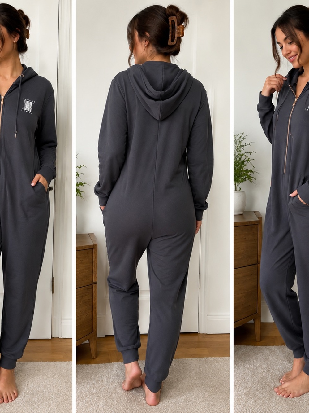 Savage X Fenty Charcoal Gray Zip-Up Hooded Jumpsuit